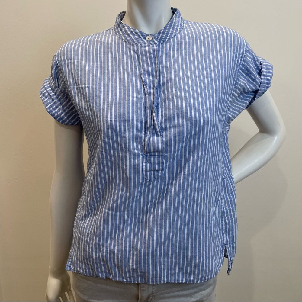 CLOSED Blue & White Stripe Cotton Linen Blend Button Down Shirt